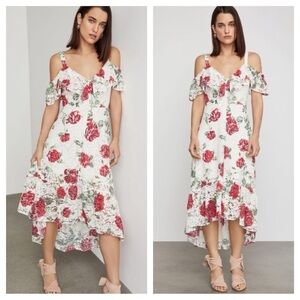 BCBGMaxAzria / La Rosa Floral Print Lace Dress High Low off shoulder ruffle xxs